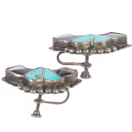 40's-50's Zuni sterling silver turquoise/shell channel inlay screw back earrings
