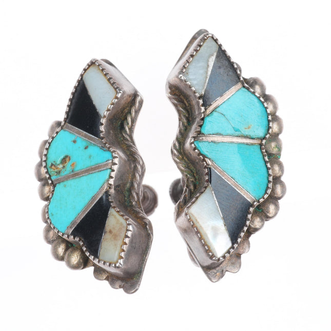 40's-50's Zuni sterling silver turquoise/shell channel inlay screw back earrings