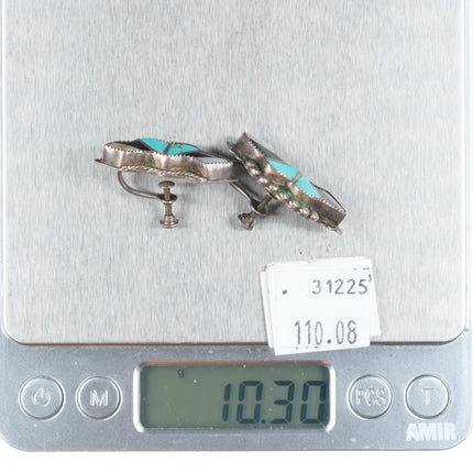 40's-50's Zuni sterling silver turquoise/shell channel inlay screw back earrings