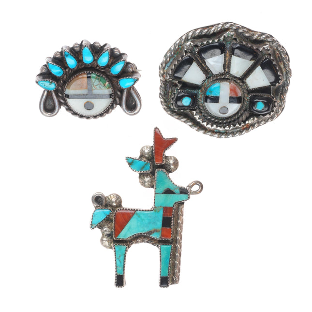 c1950's 3 Vintage sterling silver inlay Deer/Sunface pins/pendant/charm