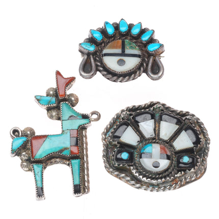 c1950's 3 Vintage sterling silver inlay Deer/Sunface pins/pendant/charm