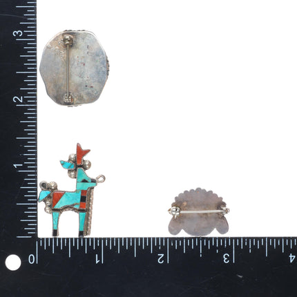 c1950's 3 Vintage sterling silver inlay Deer/Sunface pins/pendant/charm