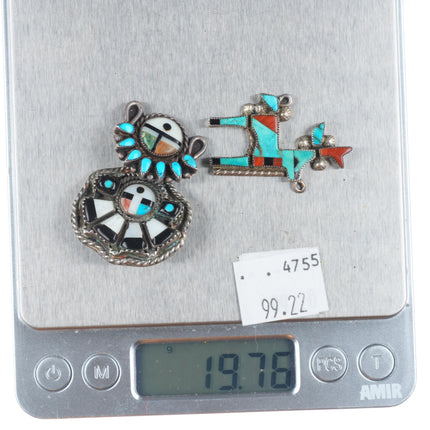 c1950's 3 Vintage sterling silver inlay Deer/Sunface pins/pendant/charm