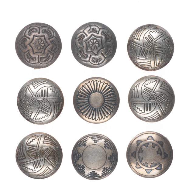 9 Vintage Southwestern sterling silver button covers Navajo basket patterns