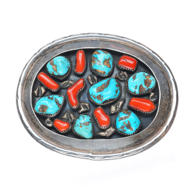 Vintage Larry Bill Tom Navajo sterling silver, turquoise, coral belt buckle