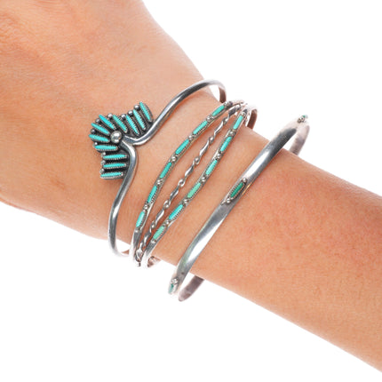 6.25"-8.25" Zuni needlepoint turquoise sterling silver cuff bracelets/bangle