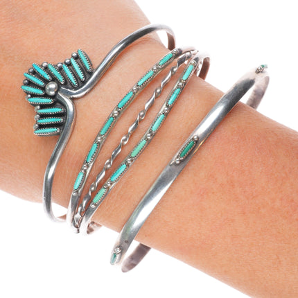 6.25"-8.25" Zuni needlepoint turquoise sterling silver cuff bracelets/bangle