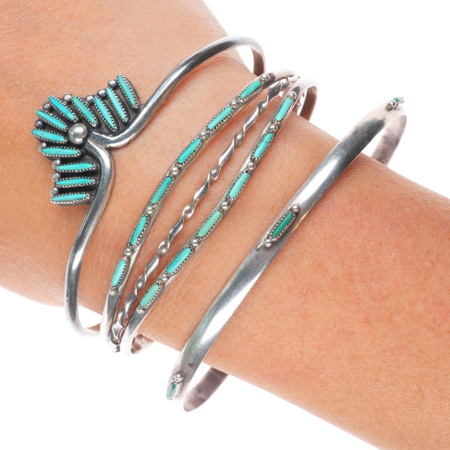 6.25"-8.25" Zuni needlepoint turquoise sterling silver cuff bracelets/bangle