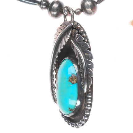 Large Vintage Navajo RSJC Sterling feathers/turquoise pendant/beaded necklace