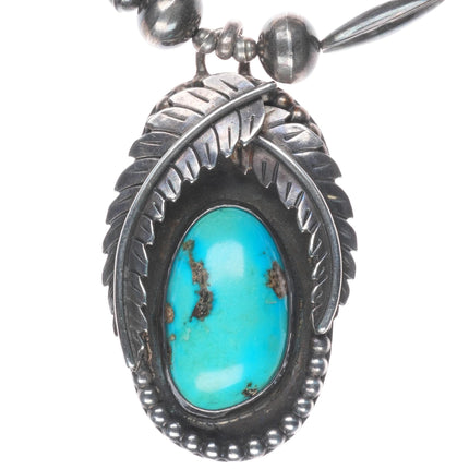 Large Vintage Navajo RSJC Sterling feathers/turquoise pendant/beaded necklace