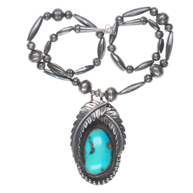 Large Vintage Navajo RSJC Sterling feathers/turquoise pendant/beaded necklace