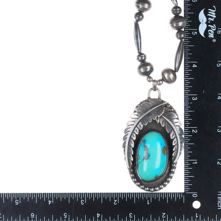 Large Vintage Navajo RSJC Sterling feathers/turquoise pendant/beaded necklace