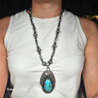 Large Vintage Navajo RSJC Sterling feathers/turquoise pendant/beaded necklace