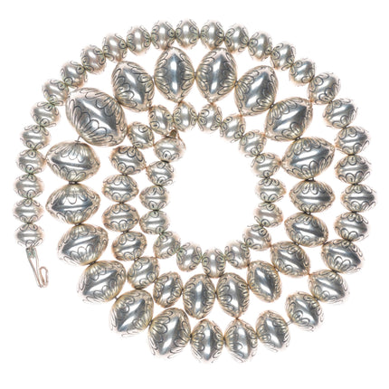 31.5" Heavy vintage hand stamped Navajo pearls sterling silver beaded necklace