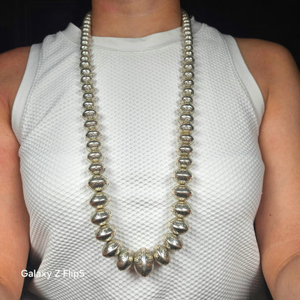 31.5" Heavy vintage hand stamped Navajo pearls sterling silver beaded necklace