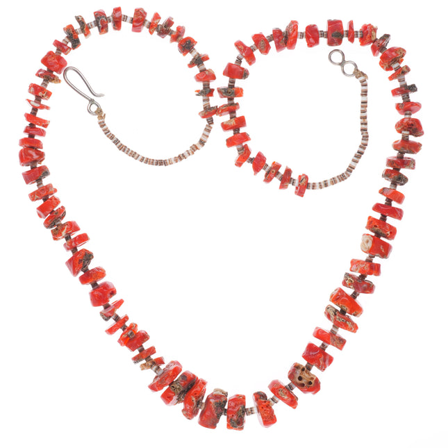 25" Vintage Santo Domingo Coral/shell heishi necklace sterling clasp