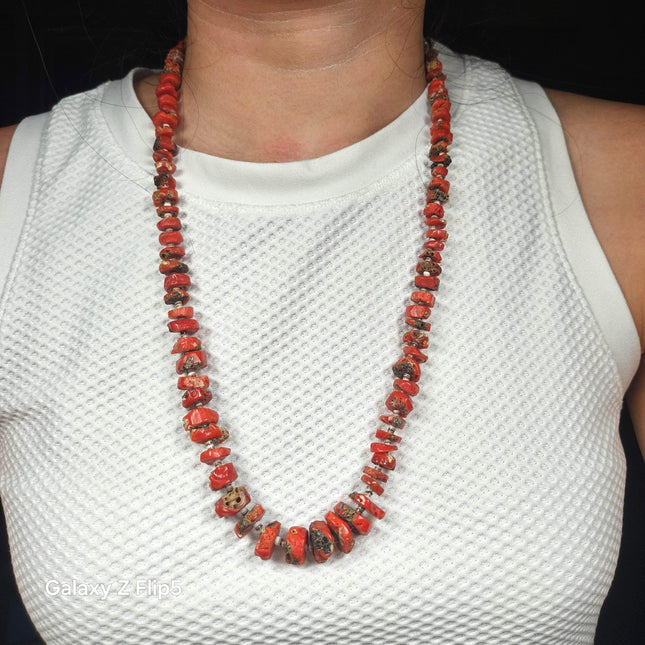 25" Vintage Santo Domingo Coral/shell heishi necklace sterling clasp