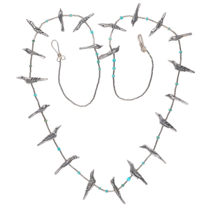 27" Vintage Native American sterling silver bird necklace turquoise heishi beads