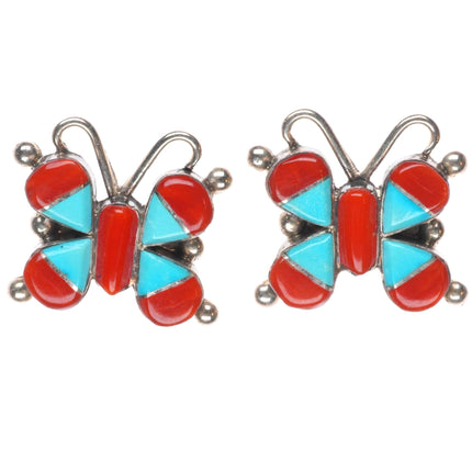 Zuni sterling silver turquoise/coral intarsia inlay butterfly earrings