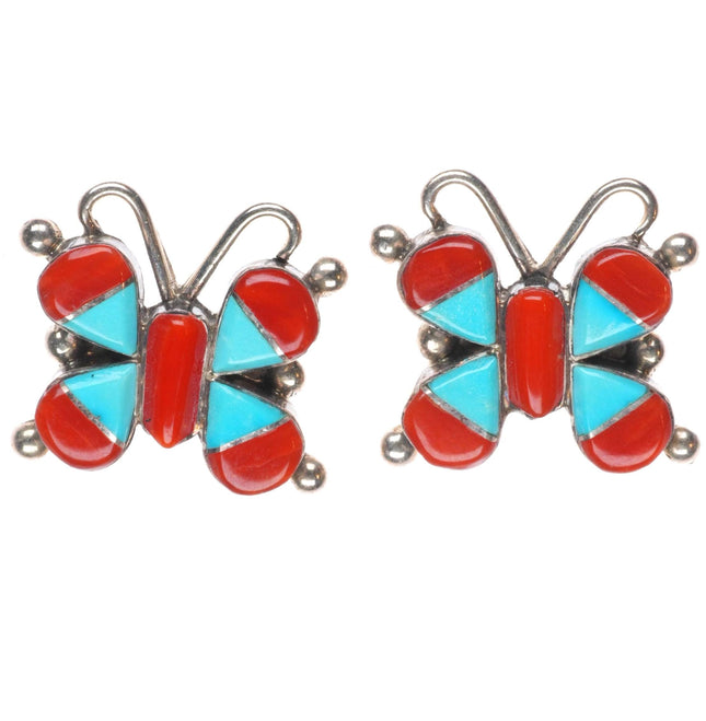 Zuni sterling silver turquoise/coral intarsia inlay butterfly earrings
