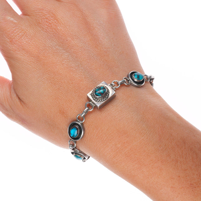 6.5" Vintage Bisbee Turquoise Navajo sterling silver shadowbox link bracelet