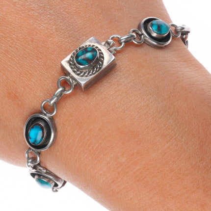 6.5" Vintage Bisbee Turquoise Navajo sterling silver shadowbox link bracelet