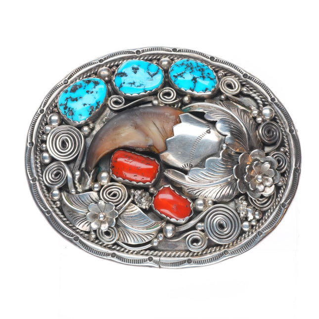 Vintage Navajo sterling silver, turquoise/coral racoon claw belt buckle