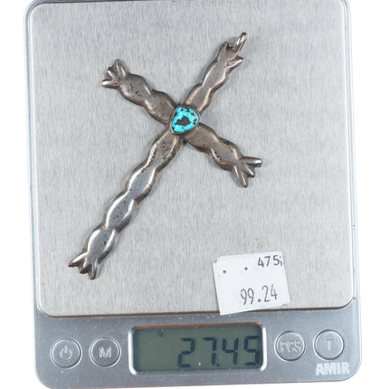 Big vintage Navajo sterling silver rippled cross with turquoise