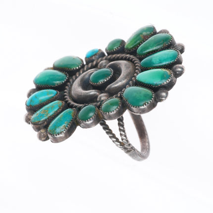 sz9 c1950's Zuni Ondelacy Family green turquoise cluster sterling silver ring