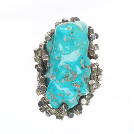 sz7 Vintage Southwestern modernist sterling silver brutalist turquoise ring
