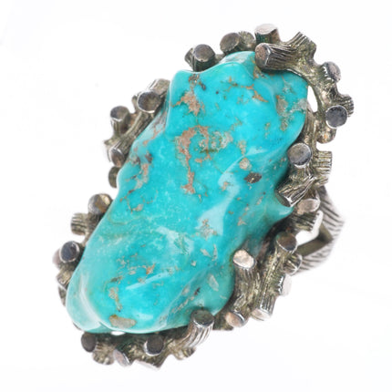 sz7 Vintage Southwestern modernist sterling silver brutalist turquoise ring