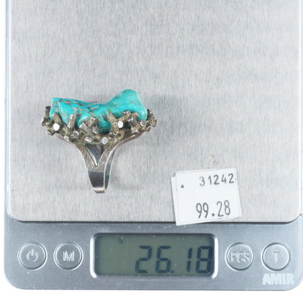 sz7 Vintage Southwestern modernist sterling silver brutalist turquoise ring