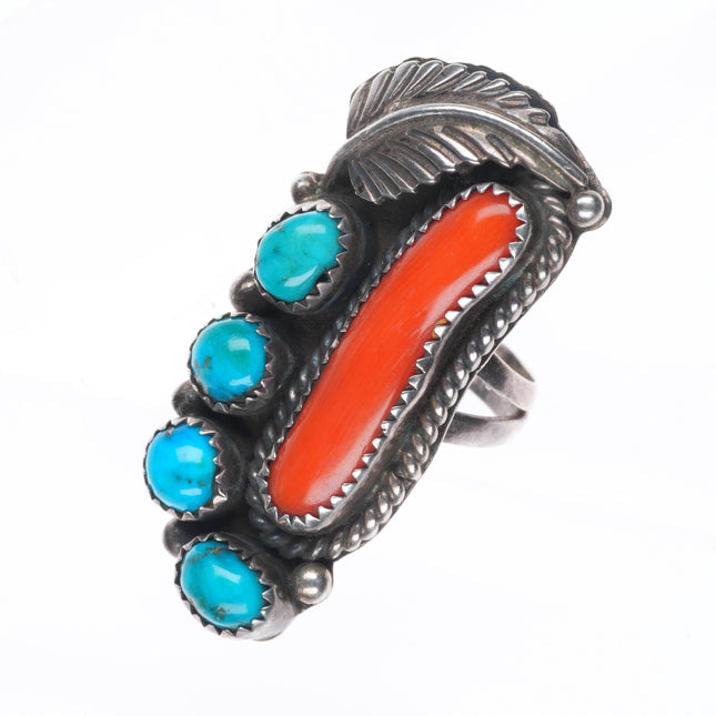 sz7 Vintage Orville Tsinnie Navajo sterling silver turquoise branch coral ring