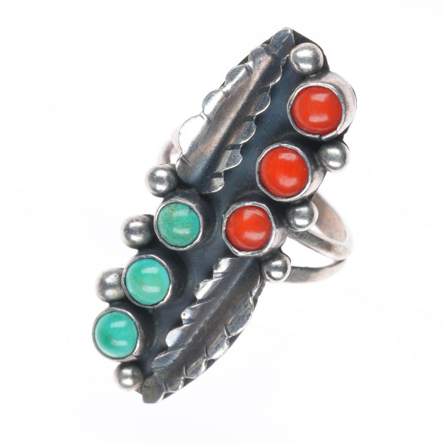 sz7 Vintage Navajo sterling silver snake eye turquoise/coral feather ring