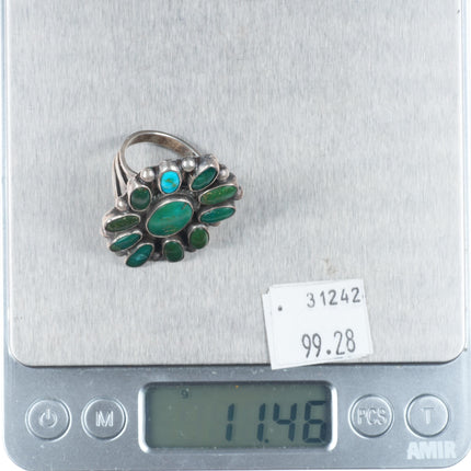 sz9.5 30's-40's Zuni sterling silver greasy green turquoise cluster ring