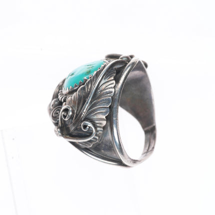 sz10.5 70's-80's Vintage Navajo sterling silver feather design turquoise ring