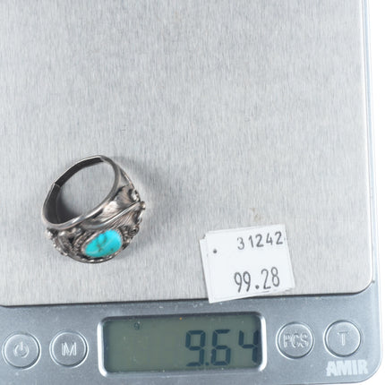 sz10.5 70's-80's Vintage Navajo sterling silver feather design turquoise ring