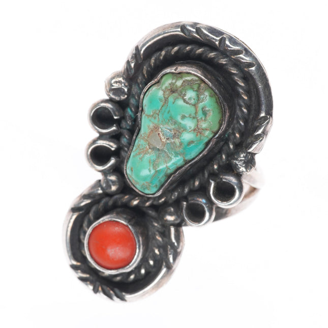 sz7 Vintage Navajo sterling silver turquoise/coral two stone ring