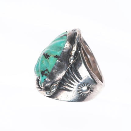sz7.5 Big vintage Zuni carved turquoise sterling silver ring c1950's