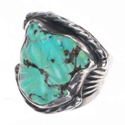 sz7.5 Big vintage Zuni carved turquoise sterling silver ring c1950's