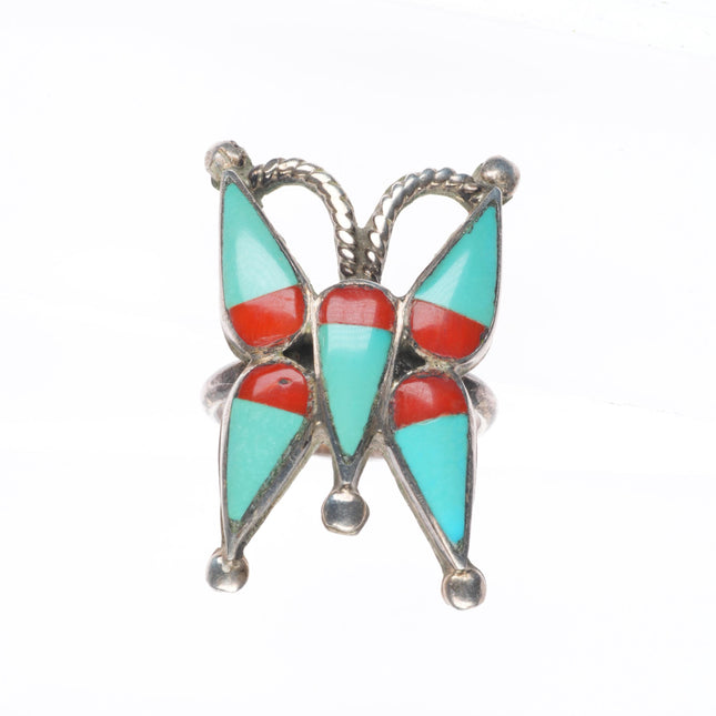 sz7.25 Cellicion Zuni butterfly vintage sterling silver turquoise/coral ring