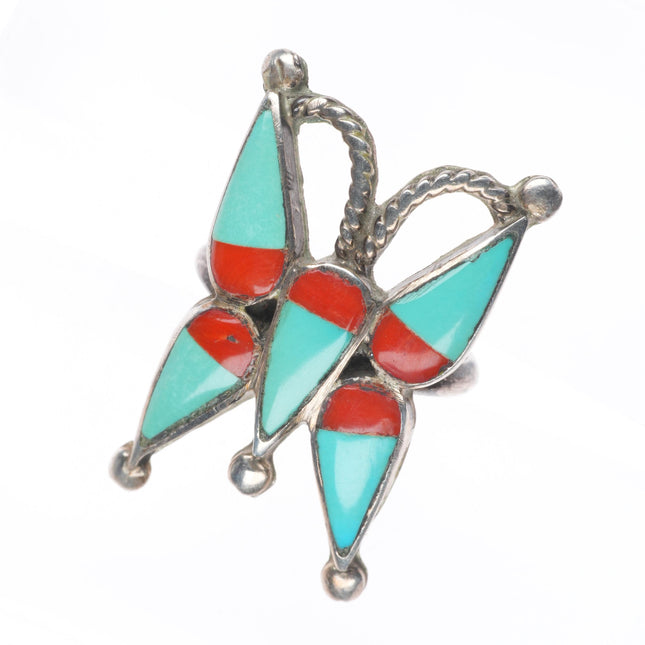 sz7.25 Cellicion Zuni butterfly vintage sterling silver turquoise/coral ring