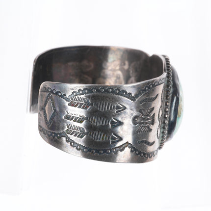 6.5" c1940's Large Fred Harvey sterling silver cuff bracelet green turquoise