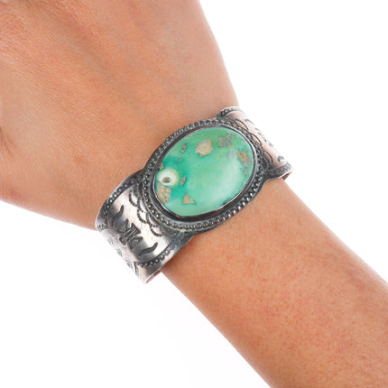 6.5" c1940's Large Fred Harvey sterling silver cuff bracelet green turquoise