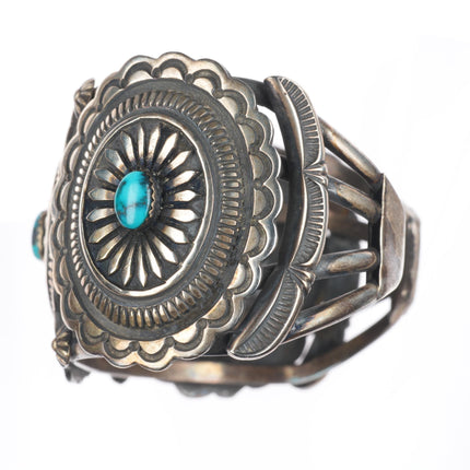 7" Vintage Navajo sterling silver hand stamped concho cuff bracelet w/turquoise