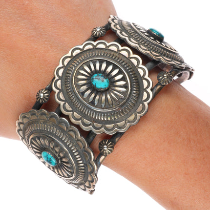 7" Vintage Navajo sterling silver hand stamped concho cuff bracelet w/turquoise