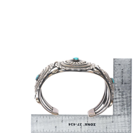 7" Vintage Navajo sterling silver hand stamped concho cuff bracelet w/turquoise