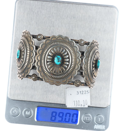 7" Vintage Navajo sterling silver hand stamped concho cuff bracelet w/turquoise