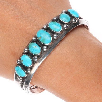 7" Vintage Navajo c1940's sterling silver carinated turquoise row cuff bracelet