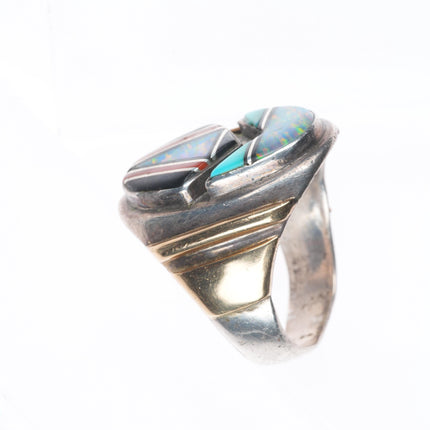 sz11.5 Vintage LJ Navajo sterling silver gold accents channel inlay men's ring
